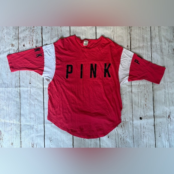 PINK Victoria's Secret Tops - PINK Victoria's Secret Magenta and White 3/4 Sleeve Tee